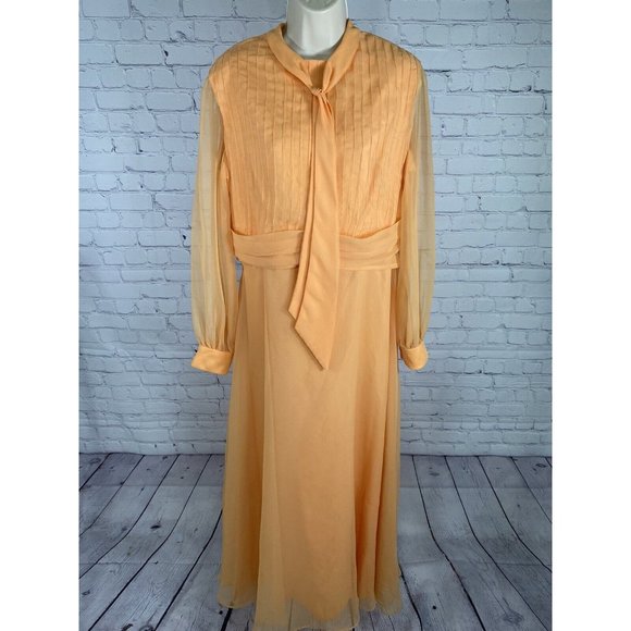VTG Lee Jordan Orange Long High Neck Back Zip Lined Sheer Sleeve Dress M - Picture 1 of 12